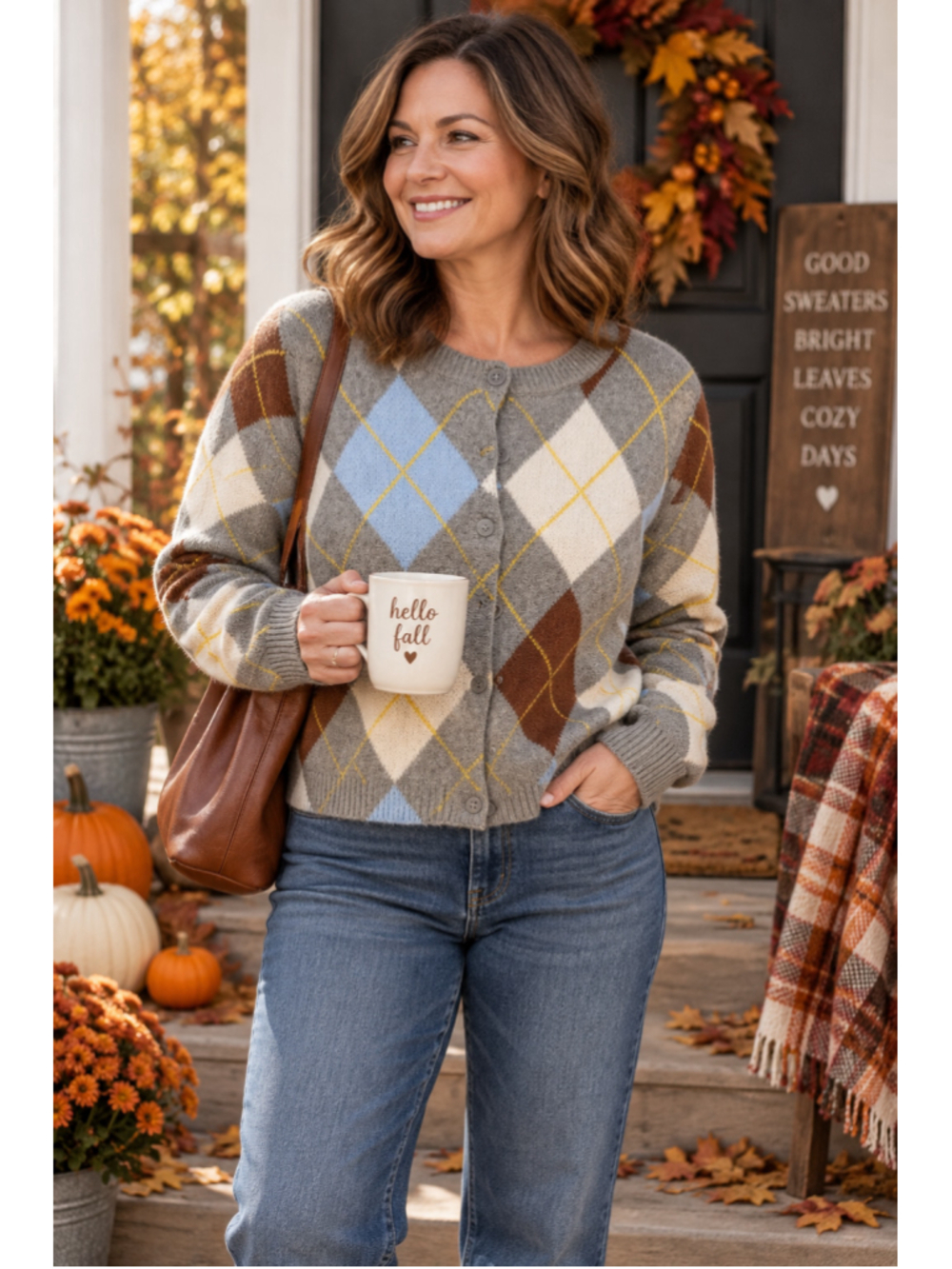 Women's Marled Argyle Cardigan Sweater Size M Grey Brown